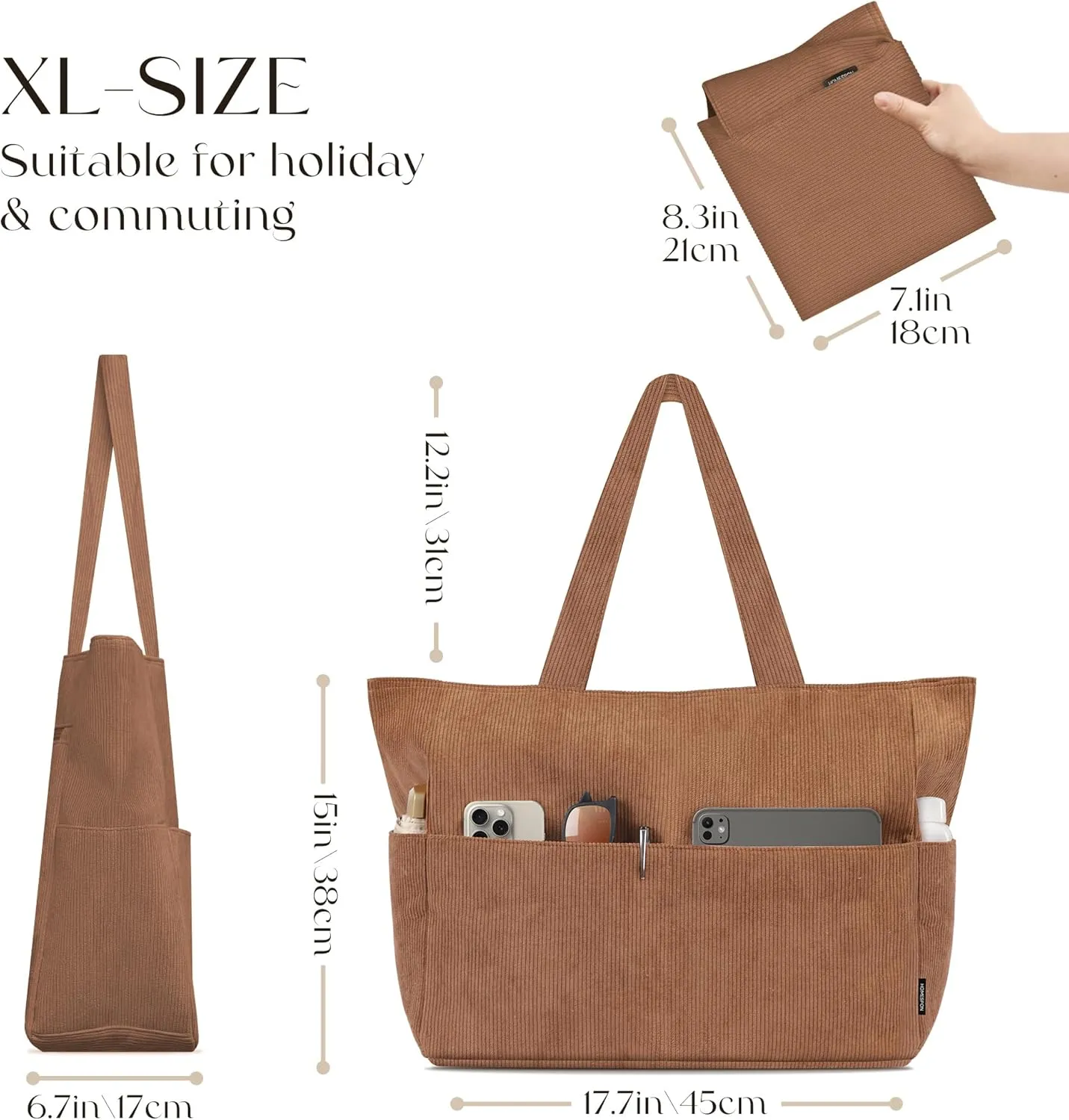 HOMESPON Large Corduroy Tote Bag for Women Everyday Shoulder Bag with Pockets and Zipper for Work Travel Vacation