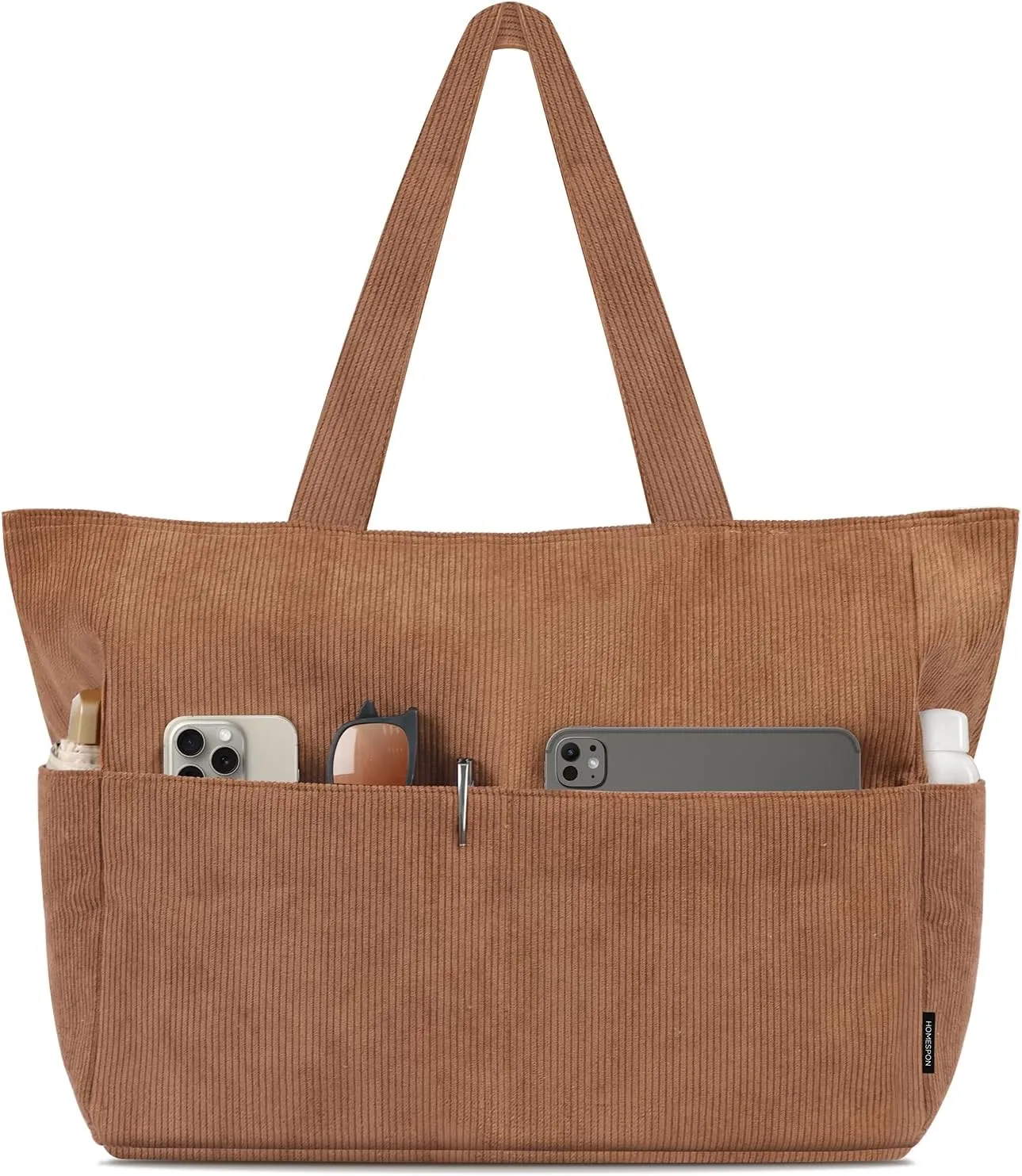 HOMESPON Large Corduroy Tote Bag for Women Everyday Shoulder Bag with Pockets and Zipper for Work Travel Vacation