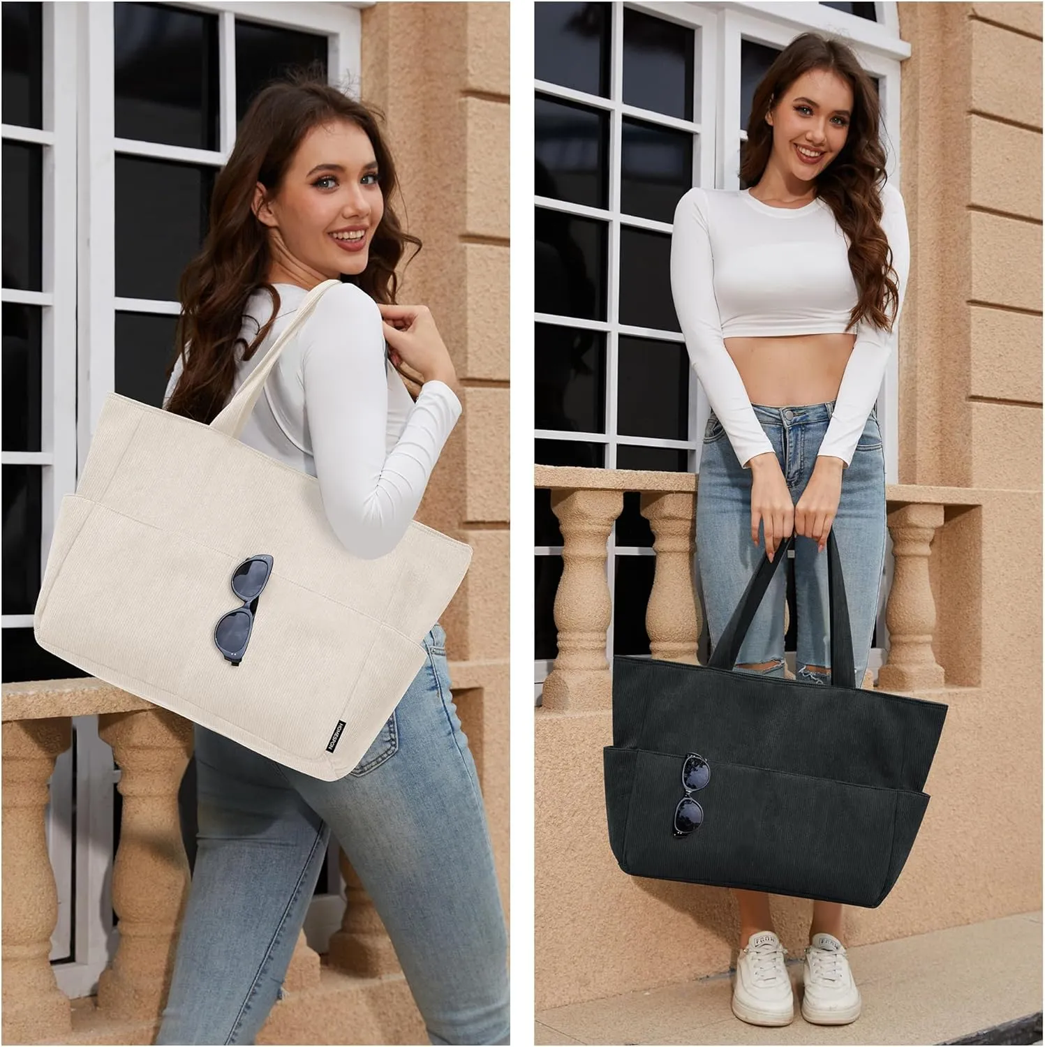 HOMESPON Large Corduroy Tote Bag for Women Everyday Shoulder Bag with Pockets and Zipper for Work Travel Vacation