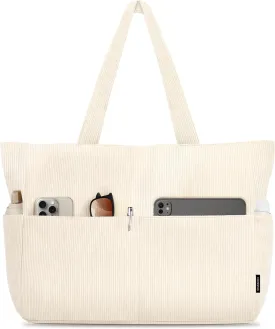HOMESPON Large Corduroy Tote Bag for Women Everyday Shoulder Bag with Pockets and Zipper for Work Travel Vacation