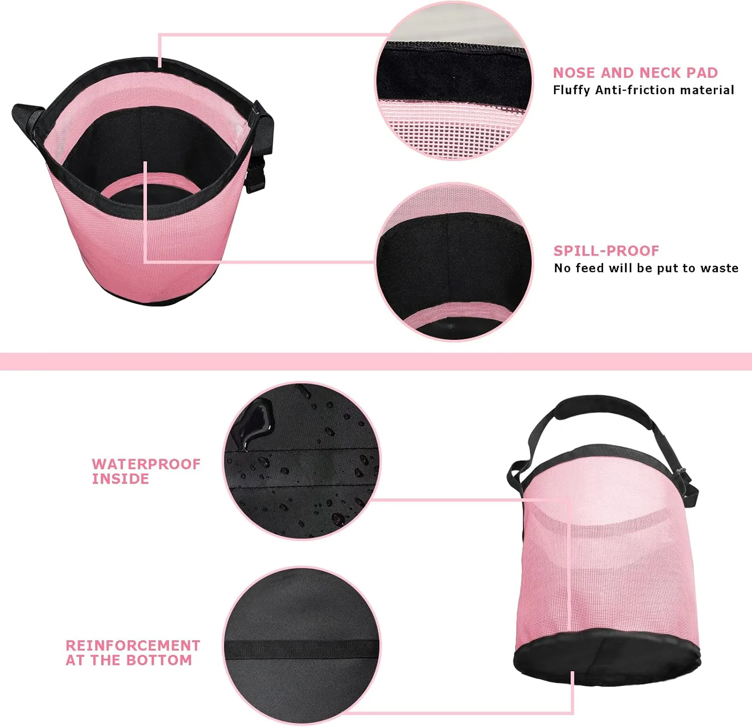 Horse Feed Bag, Nylon Mesh Grain Horse Feed Bucket with Adjustable Strap Comfortable Neck Pad Nose Pad and Waterproof Bottom (Pink 1P)