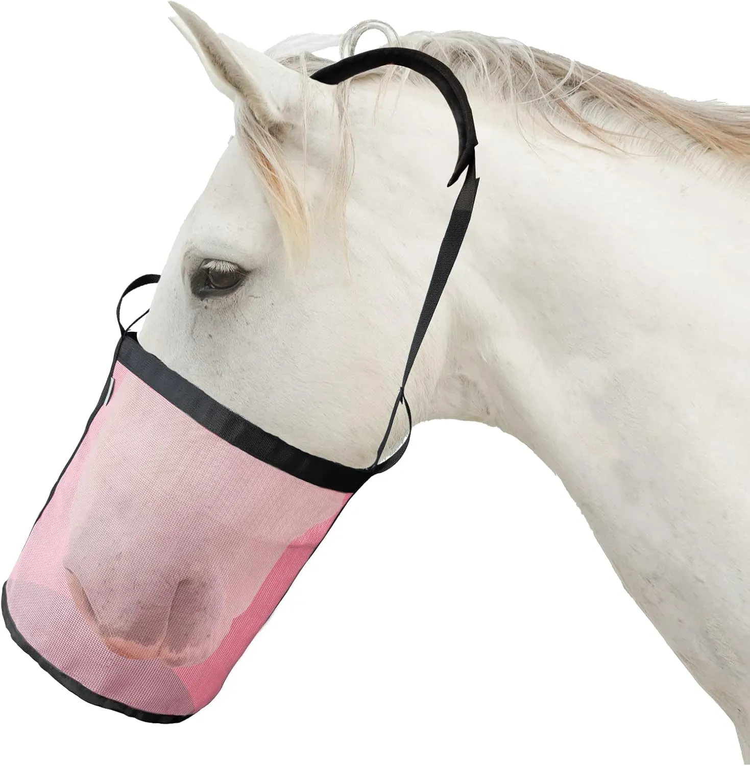 Horse Feed Bag, Nylon Mesh Grain Horse Feed Bucket with Adjustable Strap Comfortable Neck Pad Nose Pad and Waterproof Bottom (Pink 1P)
