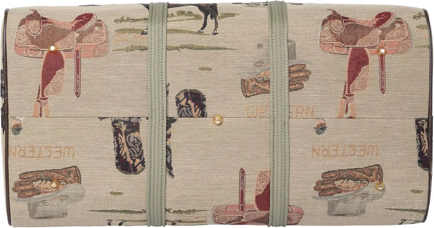 Huntley Equestrian 02135 Western Tapestry English Design Duffle Bag Lightweight Patterned Cotton Heavy Duty Handles Center Zipper Reinforced Bottom Durable & Long Lasting
