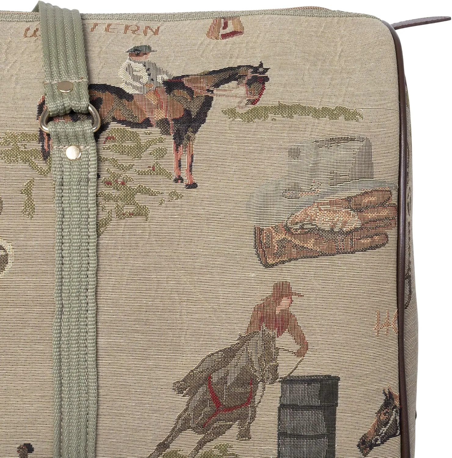 Huntley Equestrian 02135 Western Tapestry English Design Duffle Bag Lightweight Patterned Cotton Heavy Duty Handles Center Zipper Reinforced Bottom Durable & Long Lasting