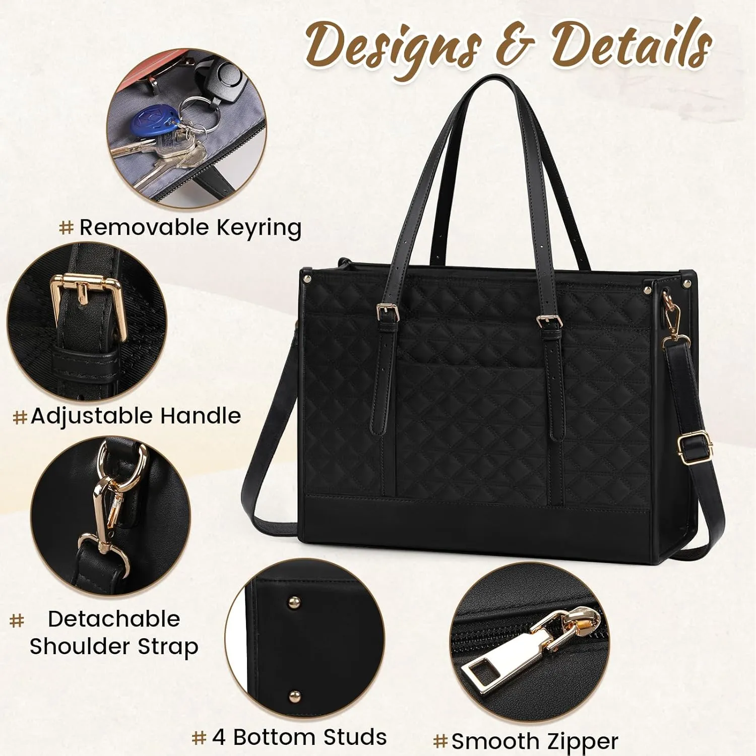 IGOLUMON Laptop Bag for Women 15.6 Inch Vegan Leather Work Tote Bag Quilted Womens Briefcase Designer Laptop Bags for Office Teacher College Cute Computer Bag with Clutch Purse Professional Black