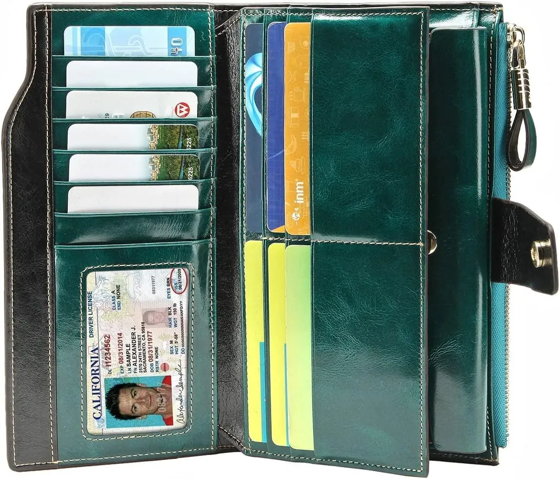 Itslife Women's RFID Blocking Large Capacity Luxury Wax Genuine Leather Clutch Wallet Ladies Card holder