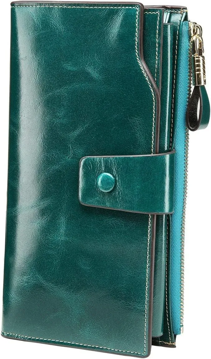Itslife Women's RFID Blocking Large Capacity Luxury Wax Genuine Leather Clutch Wallet Ladies Card holder