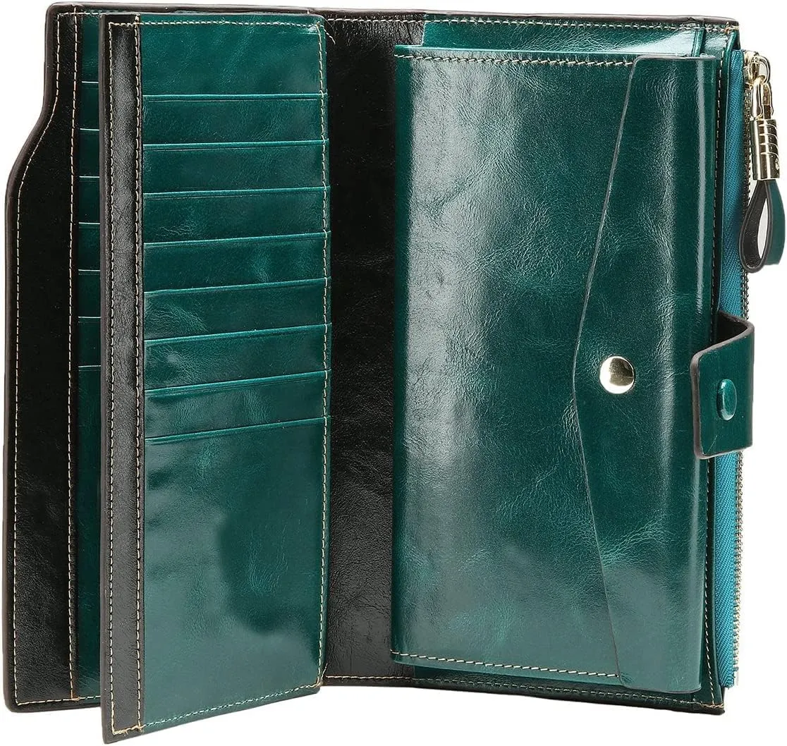 Itslife Women's RFID Blocking Large Capacity Luxury Wax Genuine Leather Clutch Wallet Ladies Card holder