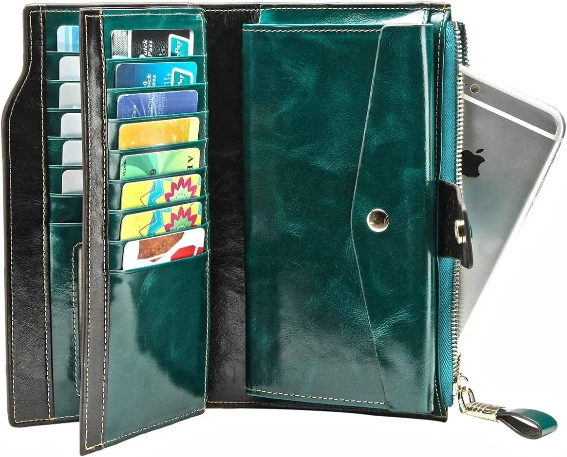 Itslife Women's RFID Blocking Large Capacity Luxury Wax Genuine Leather Clutch Wallet Ladies Card holder