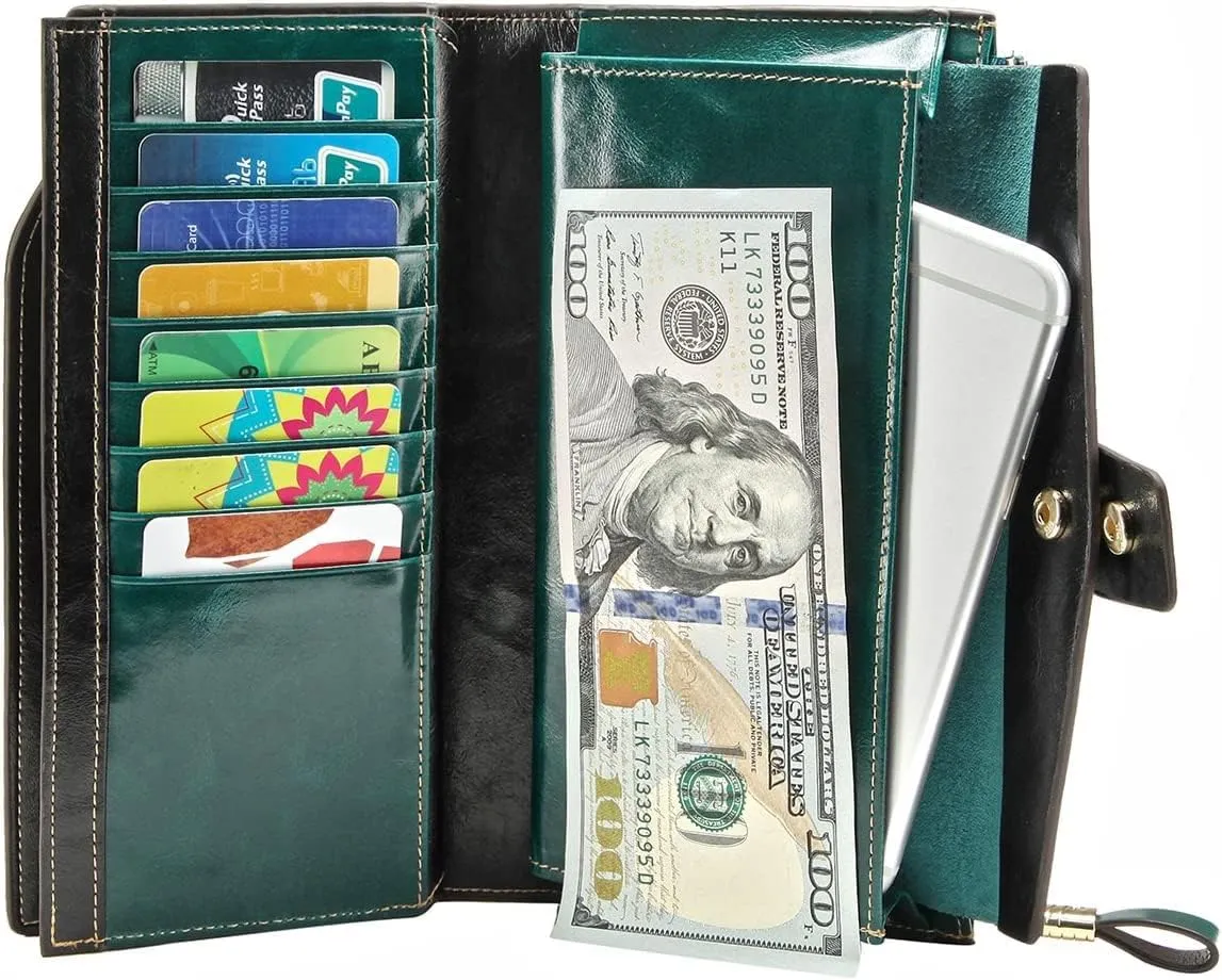 Itslife Women's RFID Blocking Large Capacity Luxury Wax Genuine Leather Clutch Wallet Ladies Card holder