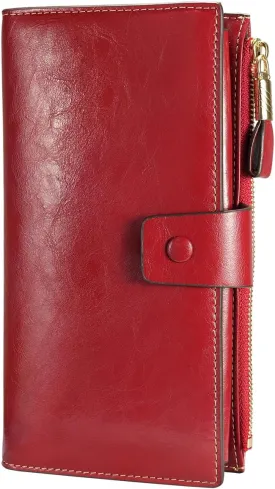 Itslife Womens Wallet RFID Blocking Large Capacity Luxury Wax Genuine Leather Wallets Clutch Wallet Ladies Card holder, Red