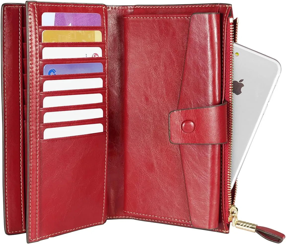 Itslife Womens Wallet RFID Blocking Large Capacity Luxury Wax Genuine Leather Wallets Clutch Wallet Ladies Card holder, Red