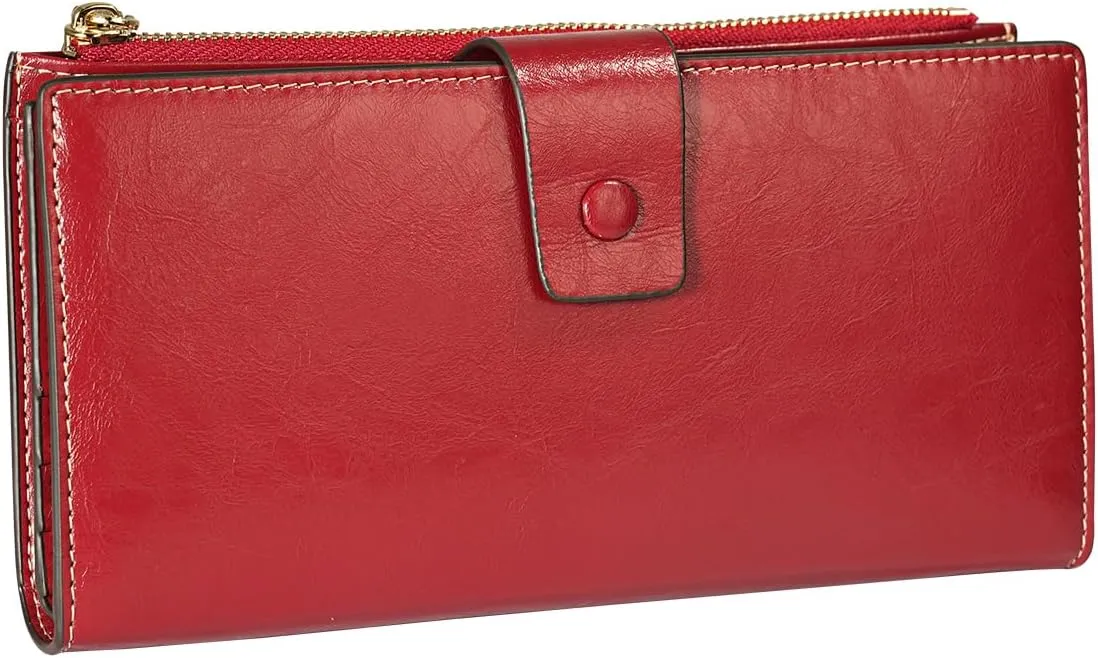 Itslife Womens Wallet RFID Blocking Large Capacity Luxury Wax Genuine Leather Wallets Clutch Wallet Ladies Card holder, Red