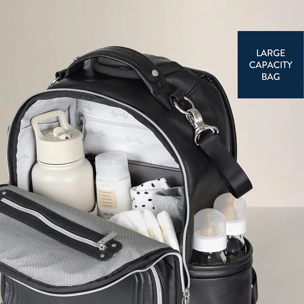 Itzy Ritzy Diaper Bag Backpack  Large Capacity Boss Plus Baby Backpack Diaper Bag Featuring 19 Pockets, Changing Pad, Stroller Clips, and Comfortable Backpack Straps, Black with Silver Hardware