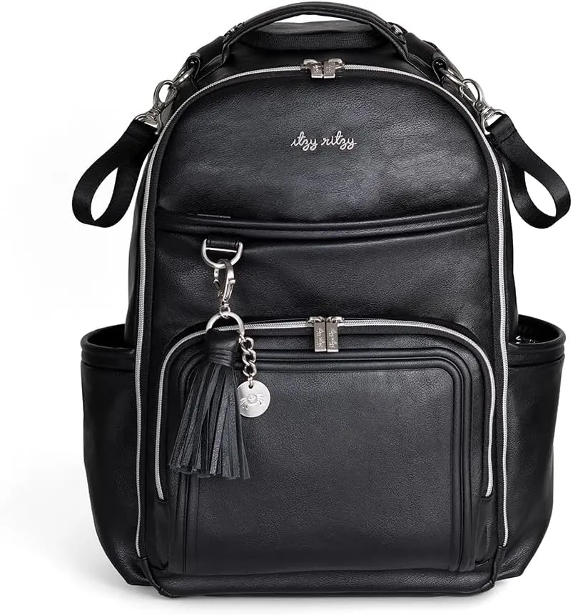 Itzy Ritzy Diaper Bag Backpack  Large Capacity Boss Plus Baby Backpack Diaper Bag Featuring 19 Pockets, Changing Pad, Stroller Clips, and Comfortable Backpack Straps, Black with Silver Hardware