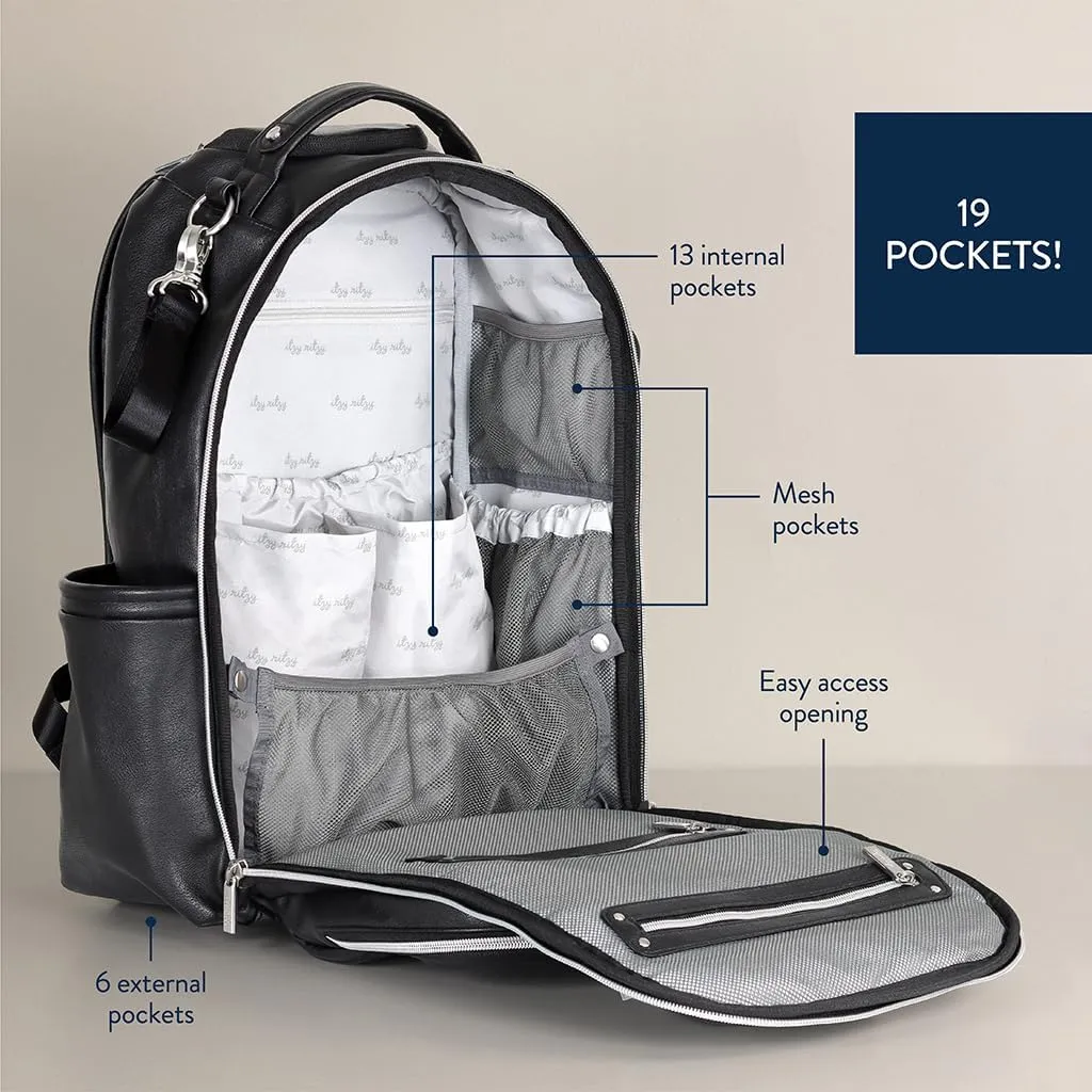 Itzy Ritzy Diaper Bag Backpack  Large Capacity Boss Plus Baby Backpack Diaper Bag Featuring 19 Pockets, Changing Pad, Stroller Clips, and Comfortable Backpack Straps, Black with Silver Hardware