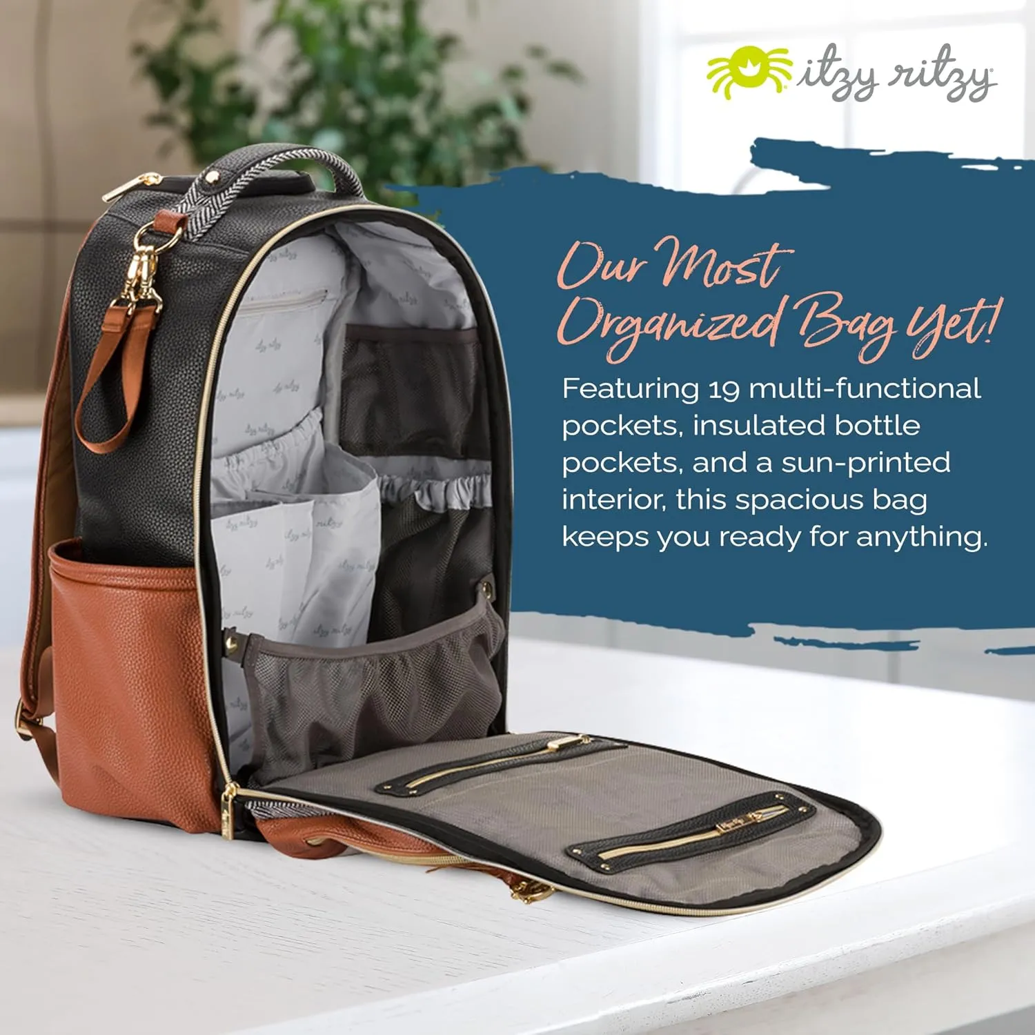 Itzy Ritzy Diaper Bag Backpack  Large Capacity Boss Plus Baby Backpack Diaper Bag Featuring 19 Pockets, Changing Pad, Stroller Clips, and Comfortable Backpack Straps, Coffee & Cream Boss Plus