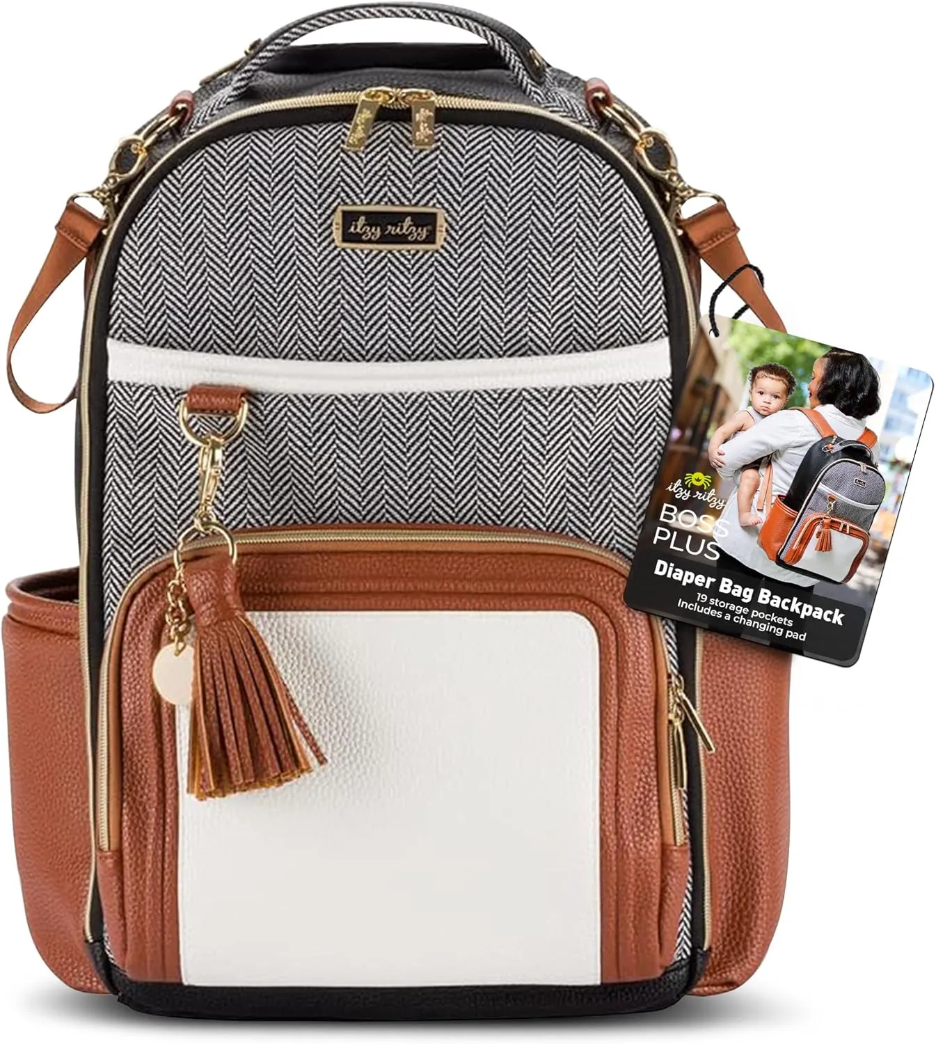 Itzy Ritzy Diaper Bag Backpack  Large Capacity Boss Plus Baby Backpack Diaper Bag Featuring 19 Pockets, Changing Pad, Stroller Clips, and Comfortable Backpack Straps, Coffee & Cream Boss Plus