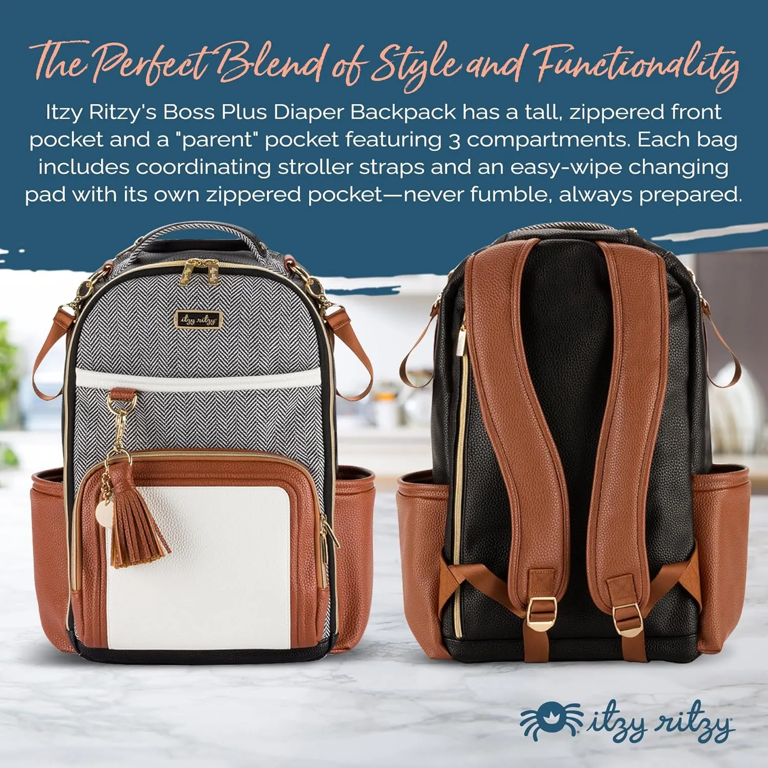 Itzy Ritzy Diaper Bag Backpack  Large Capacity Boss Plus Baby Backpack Diaper Bag Featuring 19 Pockets, Changing Pad, Stroller Clips, and Comfortable Backpack Straps, Coffee & Cream Boss Plus