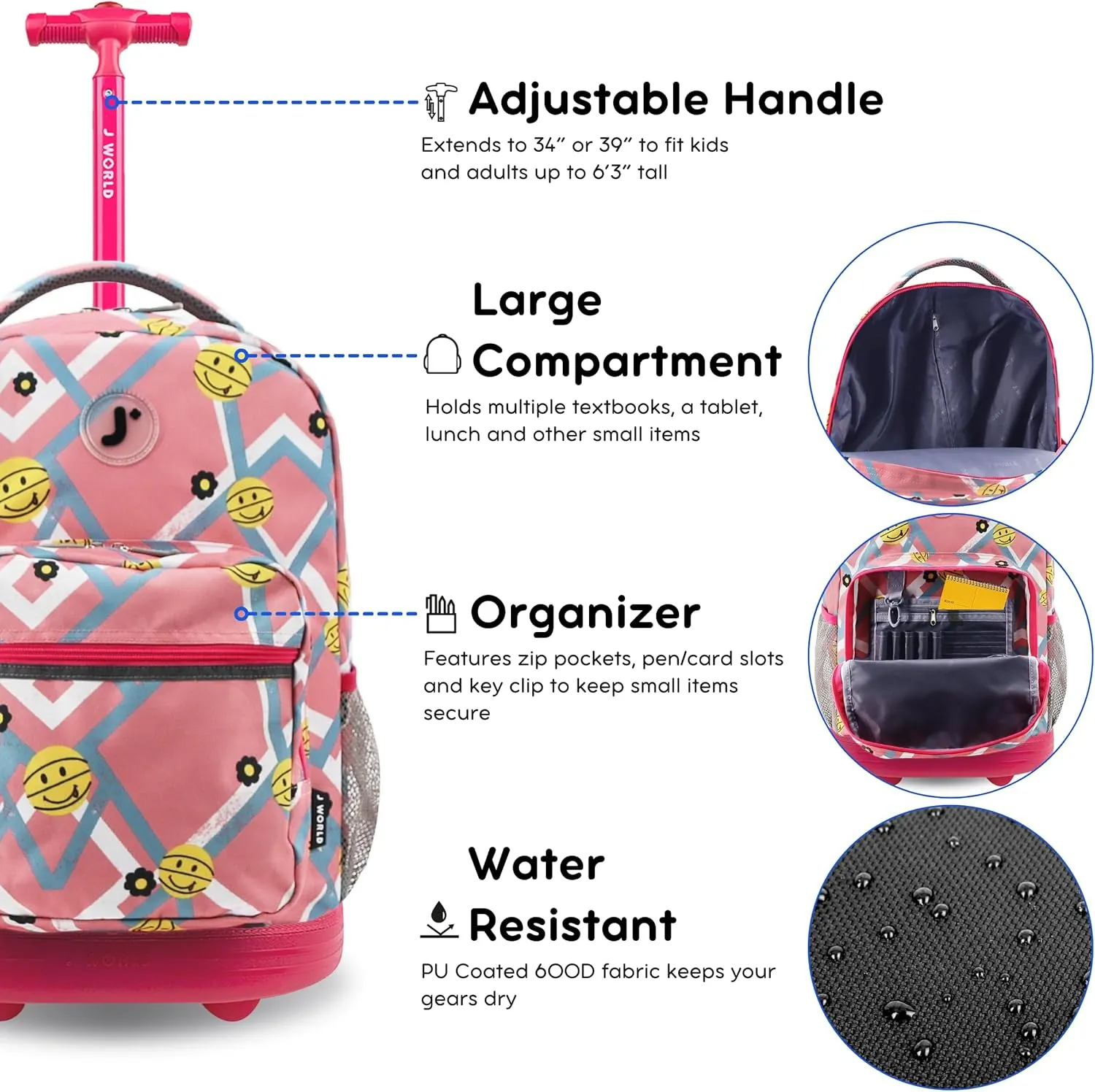 J World New York Sunrise Kids Rolling Backpack for Girls Boys Teen. Roller Bookbag with Wheels, Basketbally, 18"