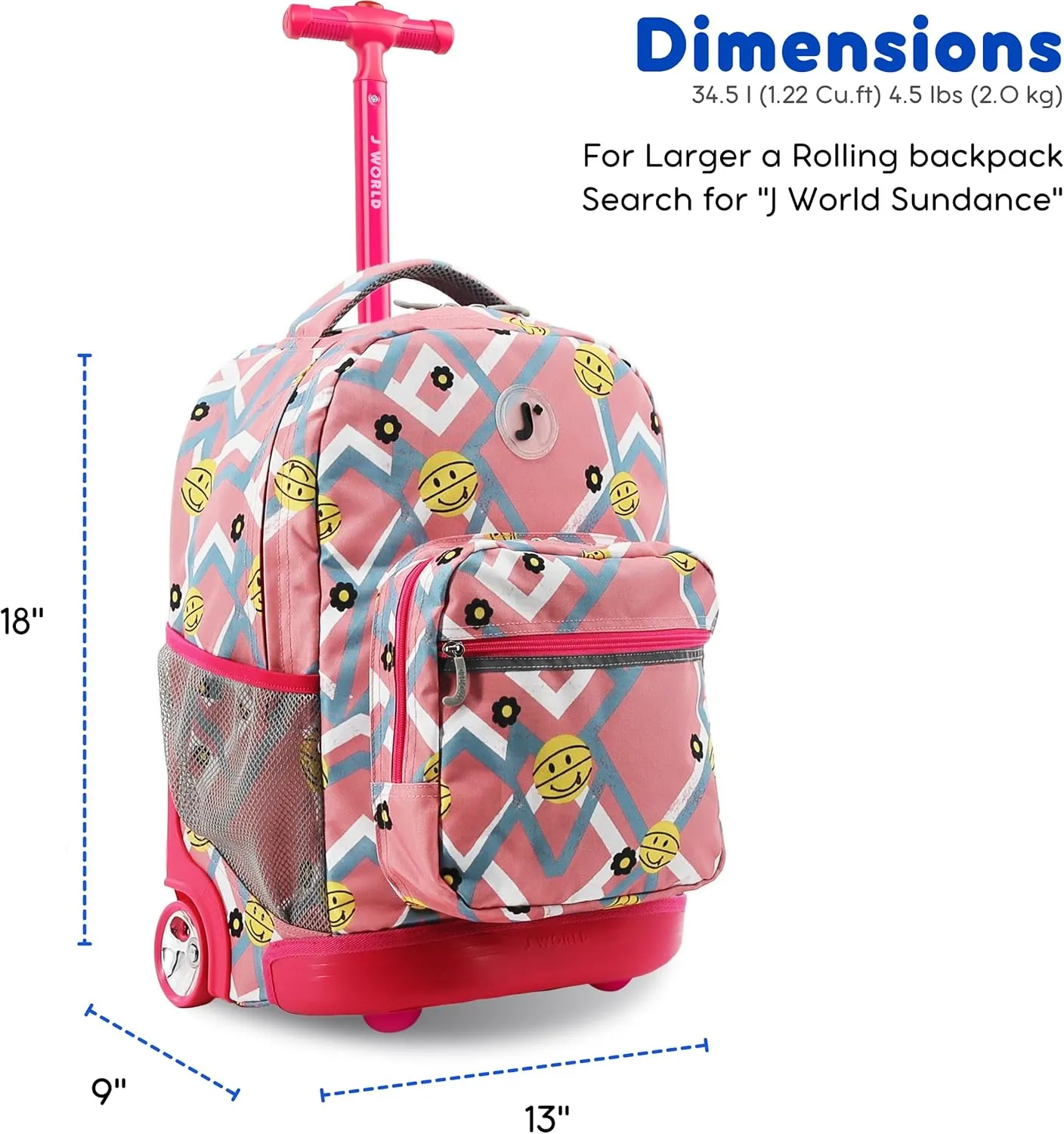 J World New York Sunrise Kids Rolling Backpack for Girls Boys Teen. Roller Bookbag with Wheels, Basketbally, 18"