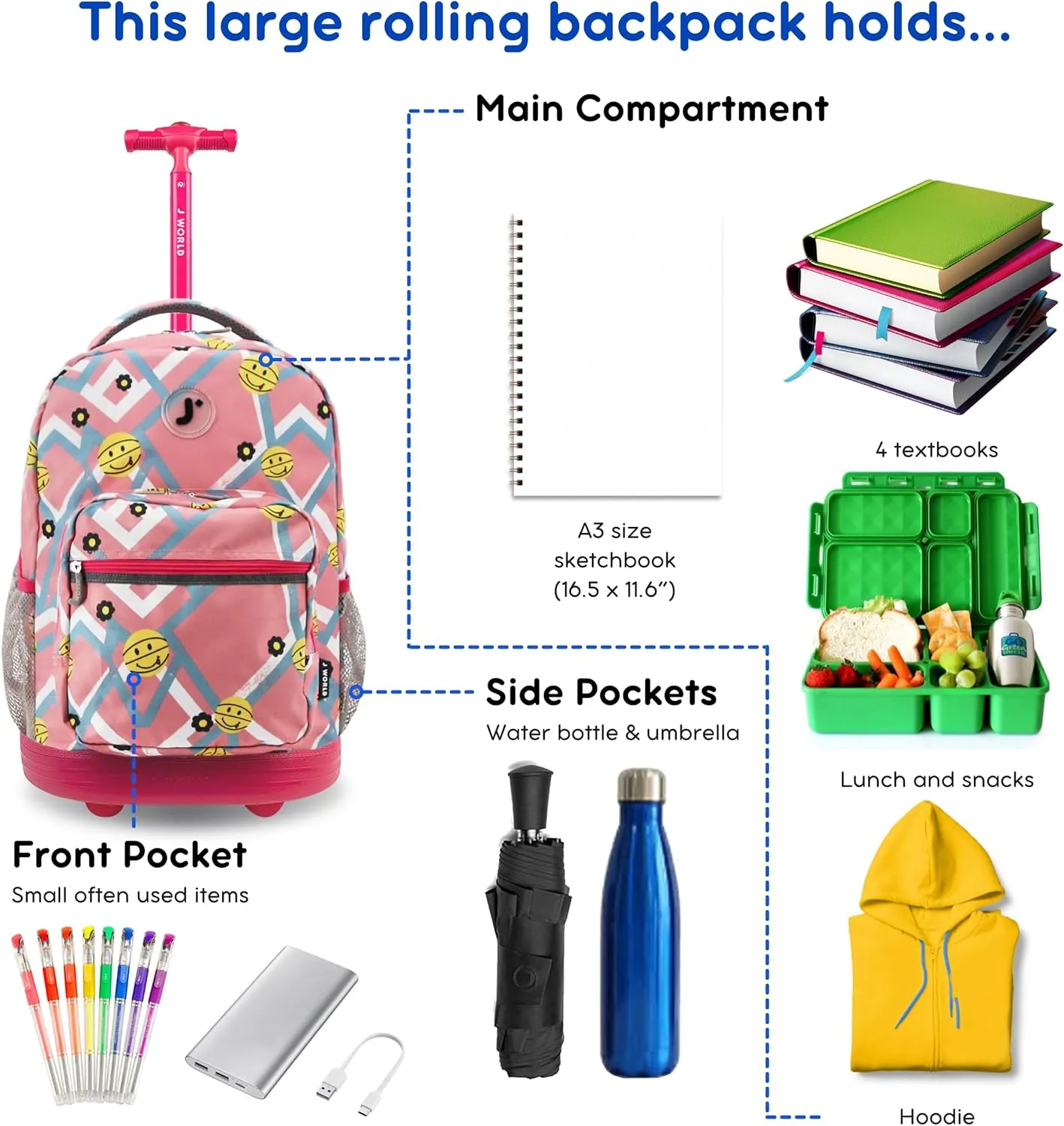 J World New York Sunrise Kids Rolling Backpack for Girls Boys Teen. Roller Bookbag with Wheels, Basketbally, 18"