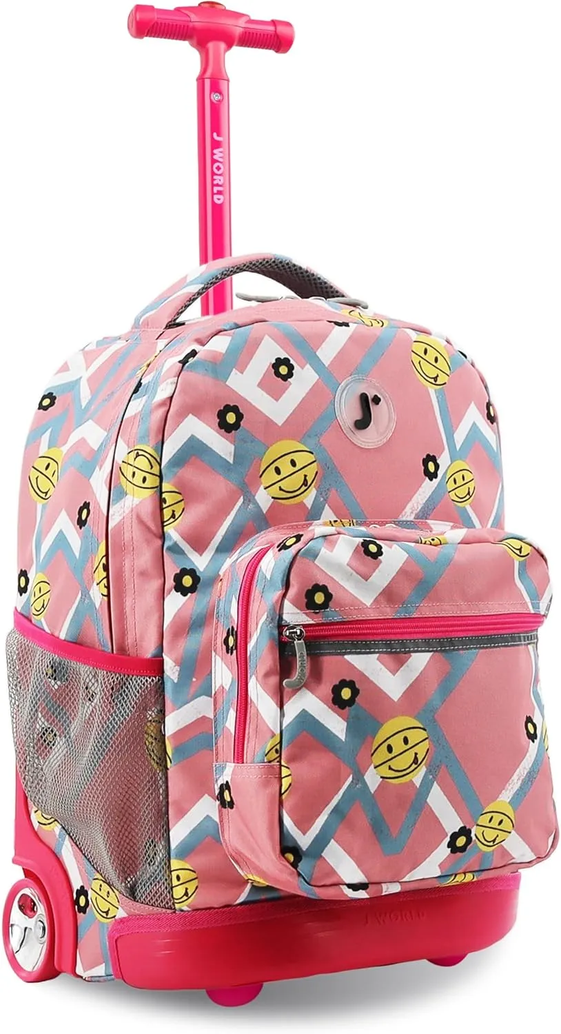 J World New York Sunrise Kids Rolling Backpack for Girls Boys Teen. Roller Bookbag with Wheels, Basketbally, 18"