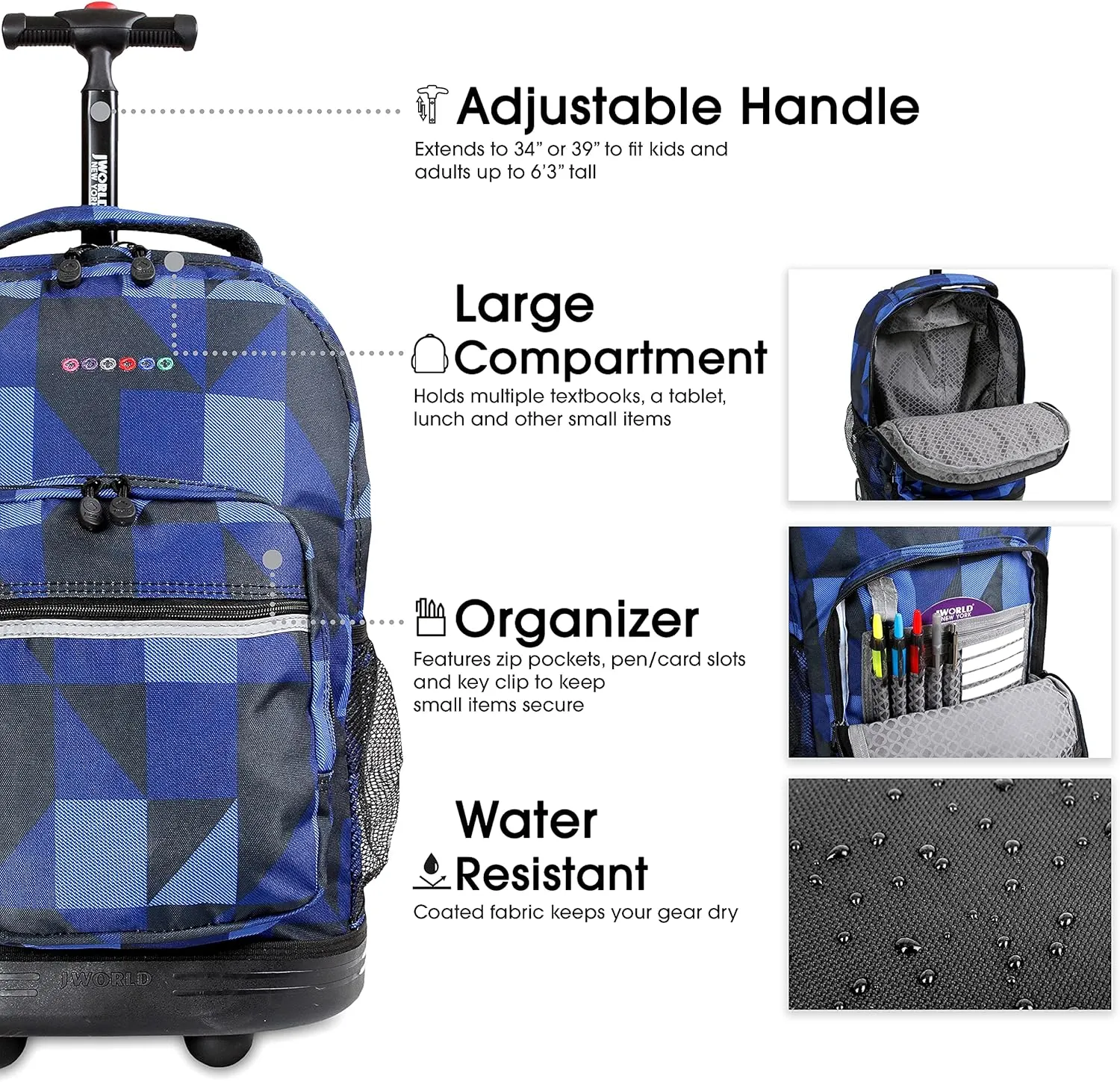J World New York Sunrise Rolling Backpack, Block Navy, One Size