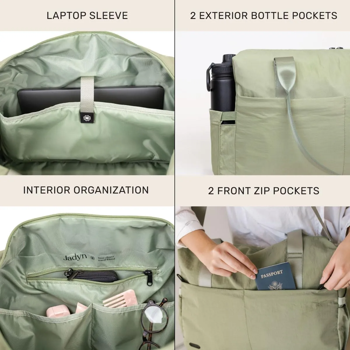 Jadyn Austin Carry-On Travel Duffel Bag for Women, 18 Weekender Bag with Laptop Sleeve, Durable Material, and Trolley Sleeve, Ideal for Work, Gym, and Overnight Trips (Dusty Green)
