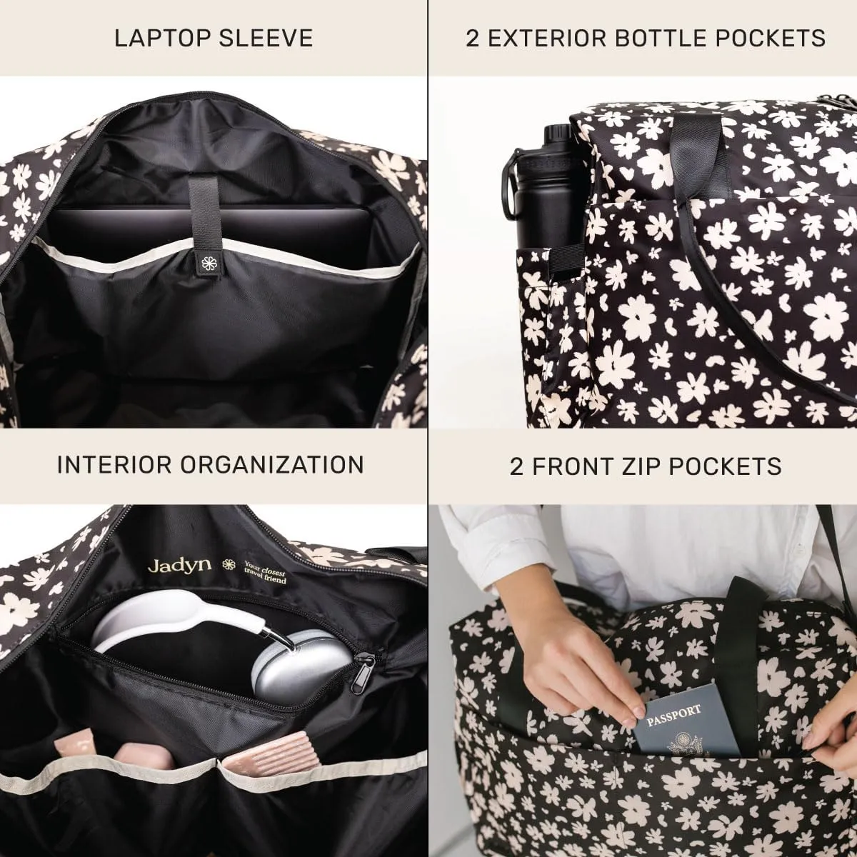 Jadyn Austin Carry-On Travel Duffel Bag for Women, 18 Weekender Bag with Laptop Sleeve, Durable Material, and Trolley Sleeve, Ideal for Work, Gym, and Overnight Trips (Ebony Blossom)