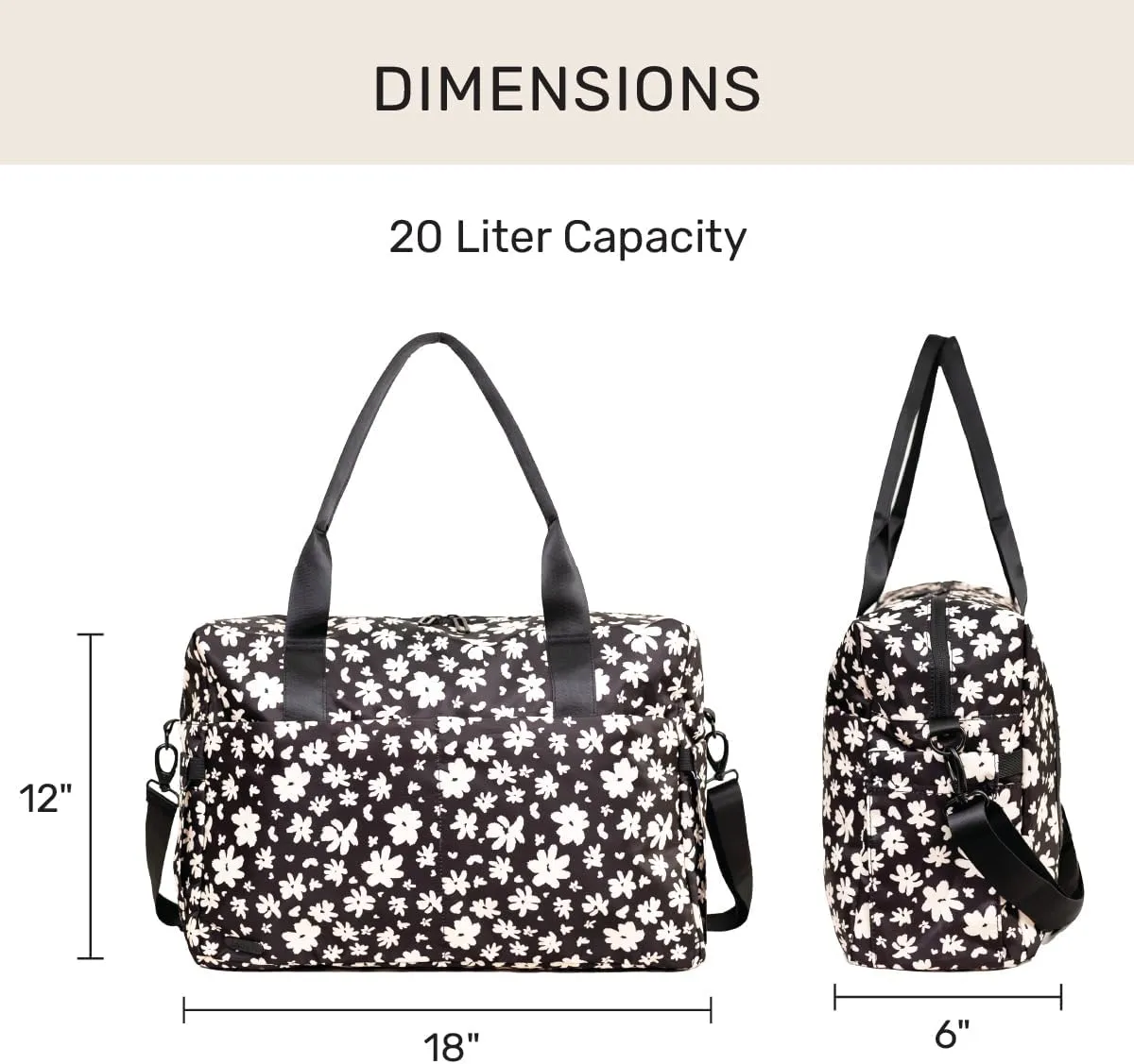 Jadyn Austin Carry-On Travel Duffel Bag for Women, 18 Weekender Bag with Laptop Sleeve, Durable Material, and Trolley Sleeve, Ideal for Work, Gym, and Overnight Trips (Ebony Blossom)