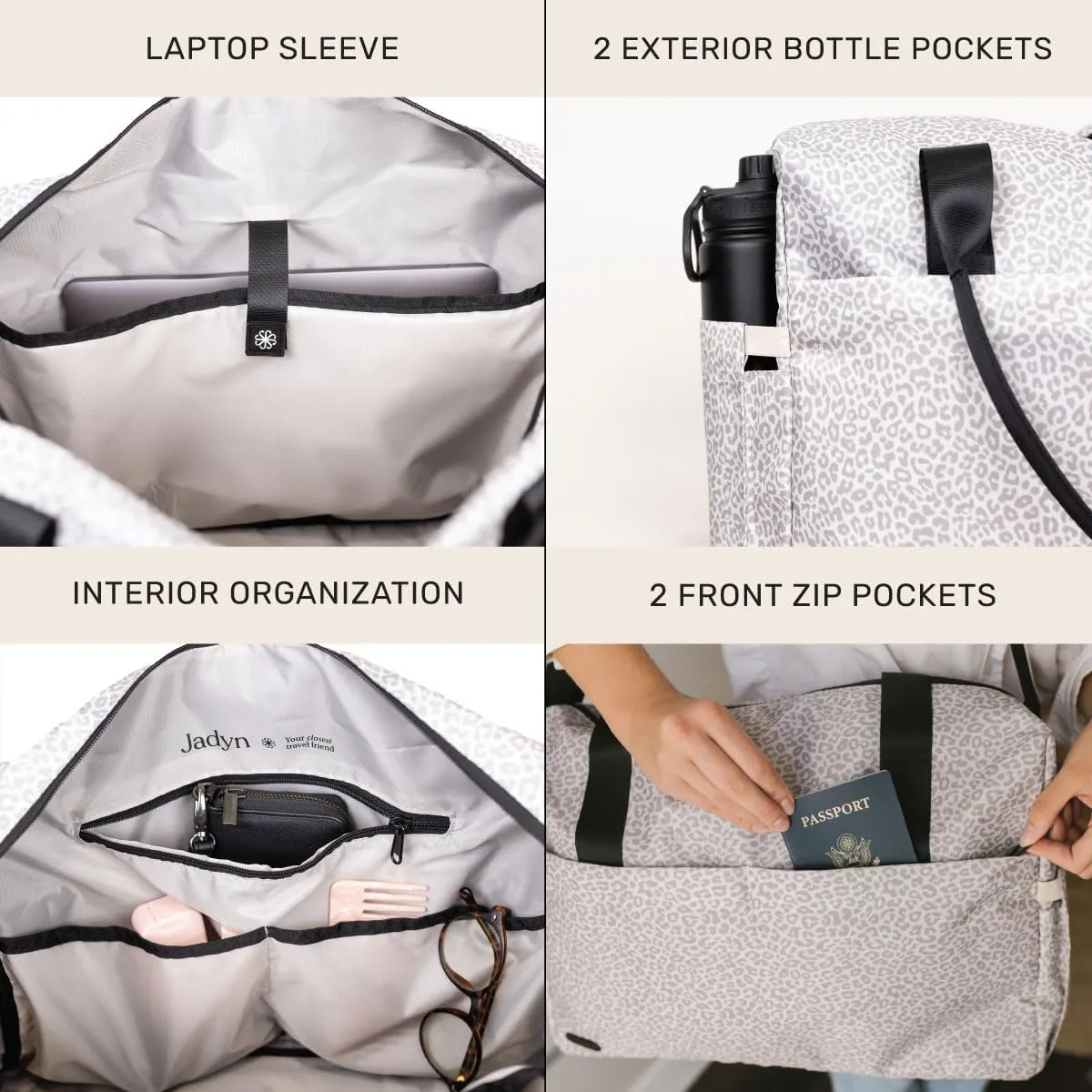 Jadyn Carry-On Travel Duffel Bag for Women, 18 Weekender Bag with Laptop Compartment and Trolley Sleeve, Ideal for Work, Gym, and Overnight Trips (Desert Leopard)