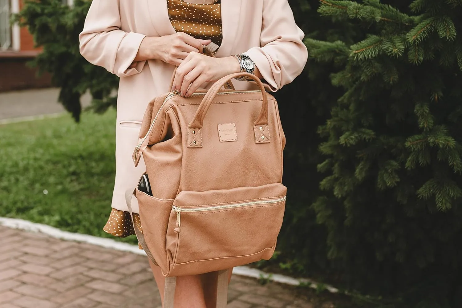 Kah&Kee Leather Backpack for Women and Men 15-inch Laptop Bag | Teacher Professional, Diaper Bag Backpack, Ideal for Work, School, Nurse, College & Travel (Tan Pink, Medium)