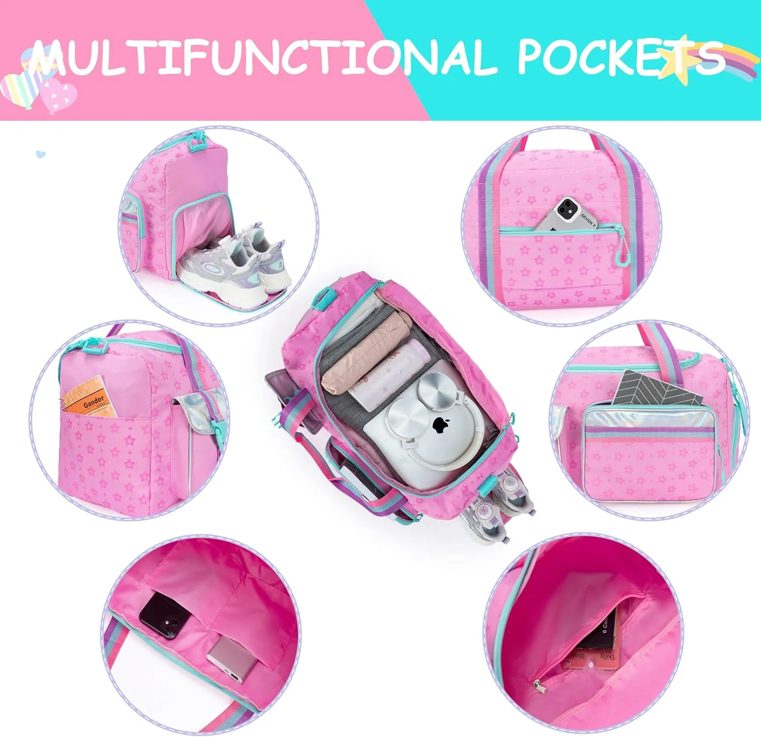 Kids Duffle Bag Girls Travel Bag Gifts Overnight Sleepover Bags for Girls Women Tote Gym Dance Bags for Kids with Shoes Compartment Pink
