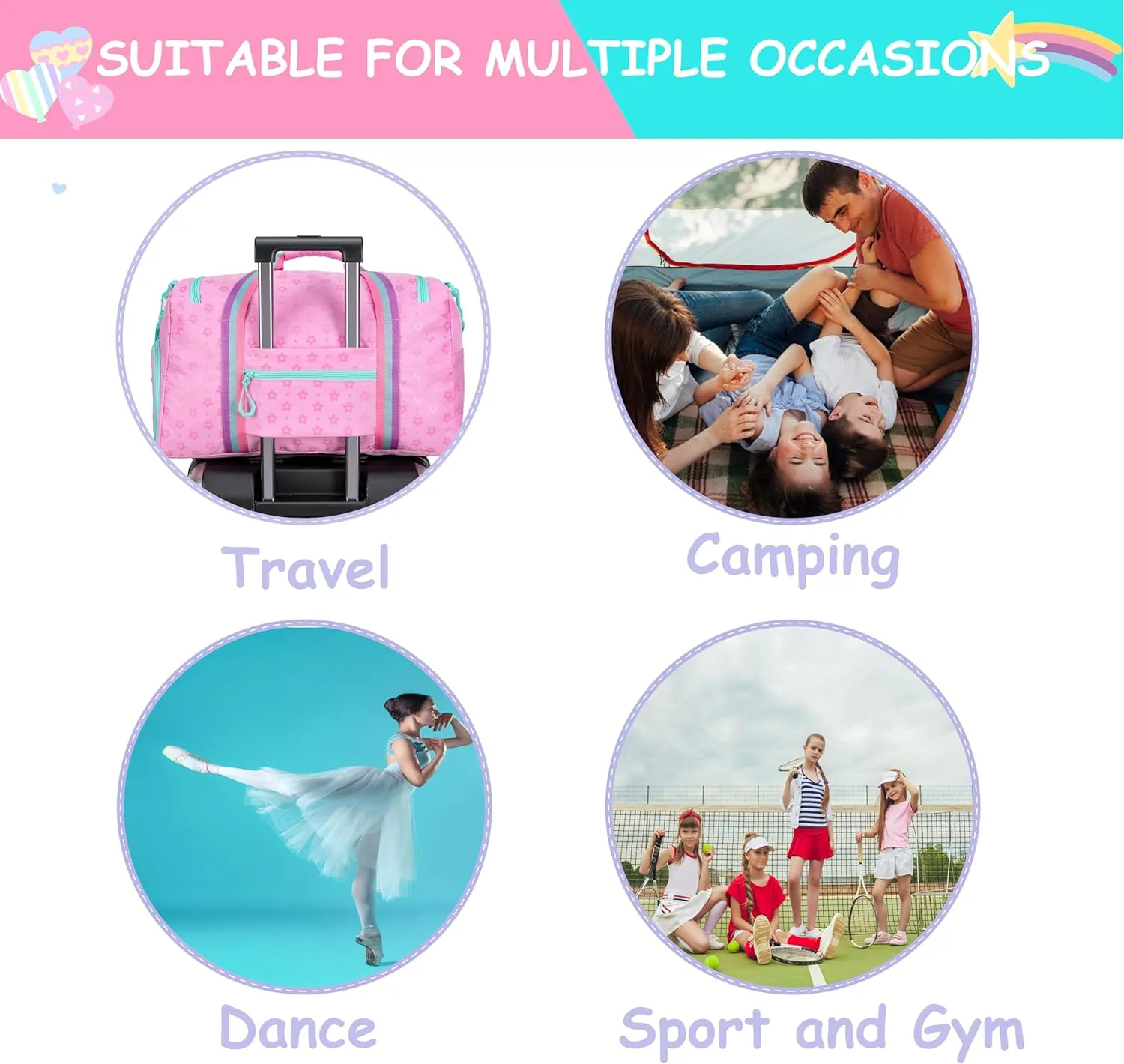Kids Duffle Bag Girls Travel Bag Gifts Overnight Sleepover Bags for Girls Women Tote Gym Dance Bags for Kids with Shoes Compartment Pink