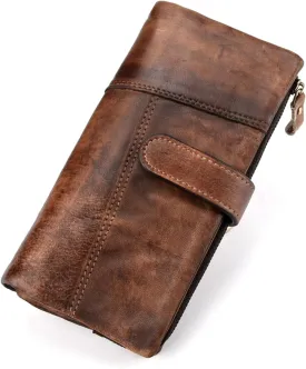 KingTo Genuine Leather Long Wallet for Women Vintage Checkbook Wallets with RFID Blocking Card Holder (Coffee color)