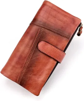 KingTo Genuine Leather Long Wallet for Women Vintage Checkbook Wallets with RFID Blocking Card Holder (Vintage red)