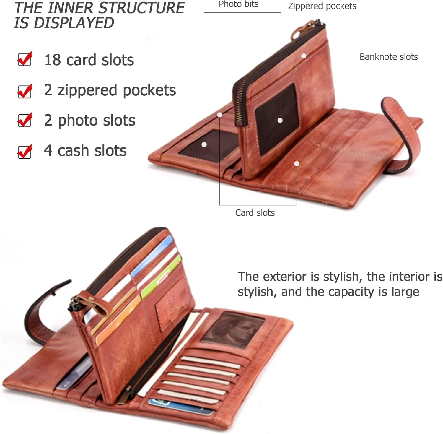 KingTo Genuine Leather Long Wallet for Women Vintage Checkbook Wallets with RFID Blocking Card Holder (Vintage red)