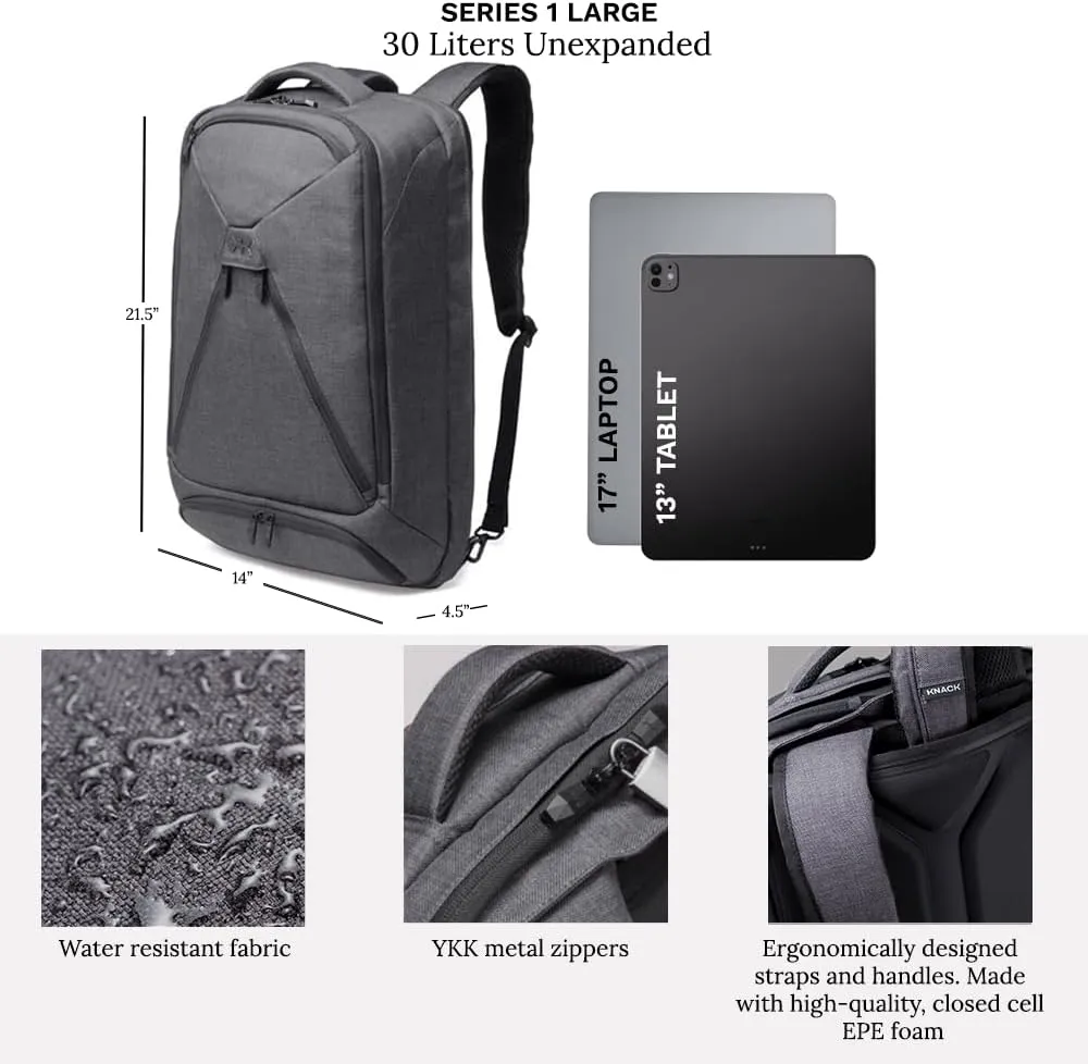 Knack Series 1 Laptop Backpack Fits up to 17 Inch - Knack Bags Carry-On Backpack, TSA Approved, Expandable Travel Backpacks With 4 Day Outfit Capacity (Savile Gray, Large)