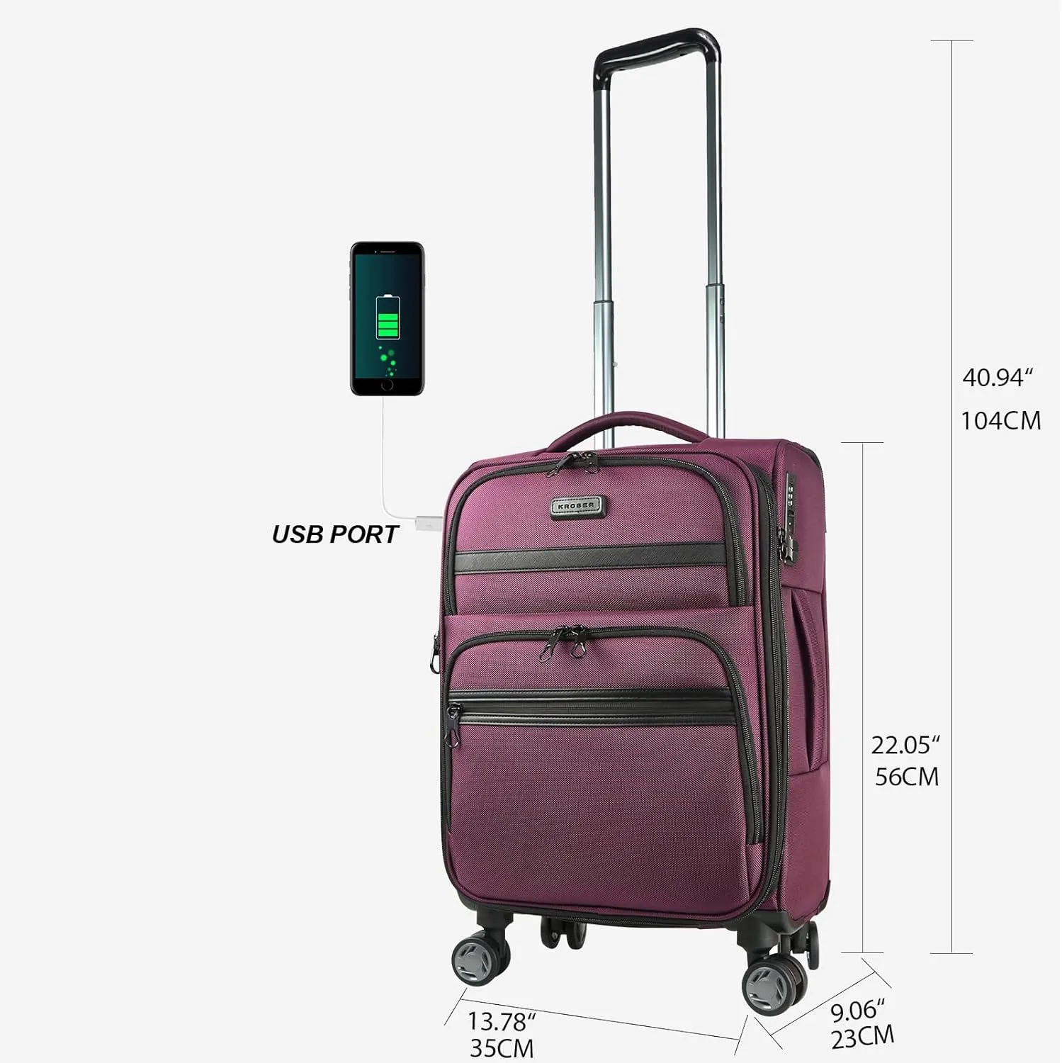KROSER Softside Expandable Carry On Luggage with Spinner Wheels & Built-in TSA Lock, Durable Suitcase Rolling Luggage with USB Port, Carry-On 20-Inch, Burgundy