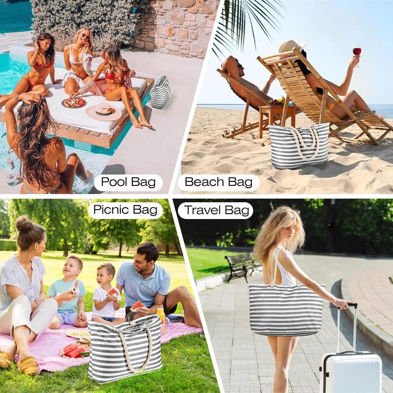 KUAK Beach Bags for Women Extra Large Beach Tote Bag with Top Zipper, 3 Inner Pockets Waterproof Sandproof Swim Pool Bag
