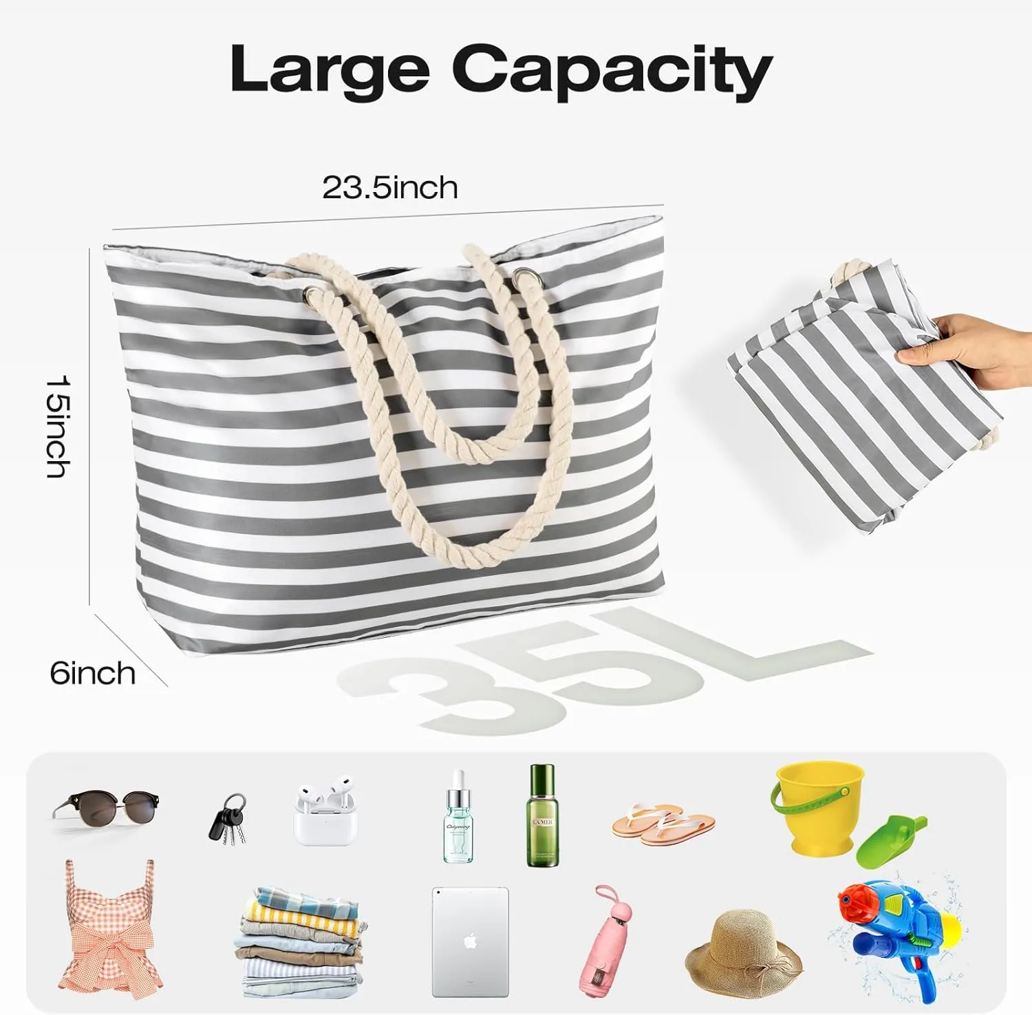 KUAK Beach Bags for Women Extra Large Beach Tote Bag with Top Zipper, 3 Inner Pockets Waterproof Sandproof Swim Pool Bag