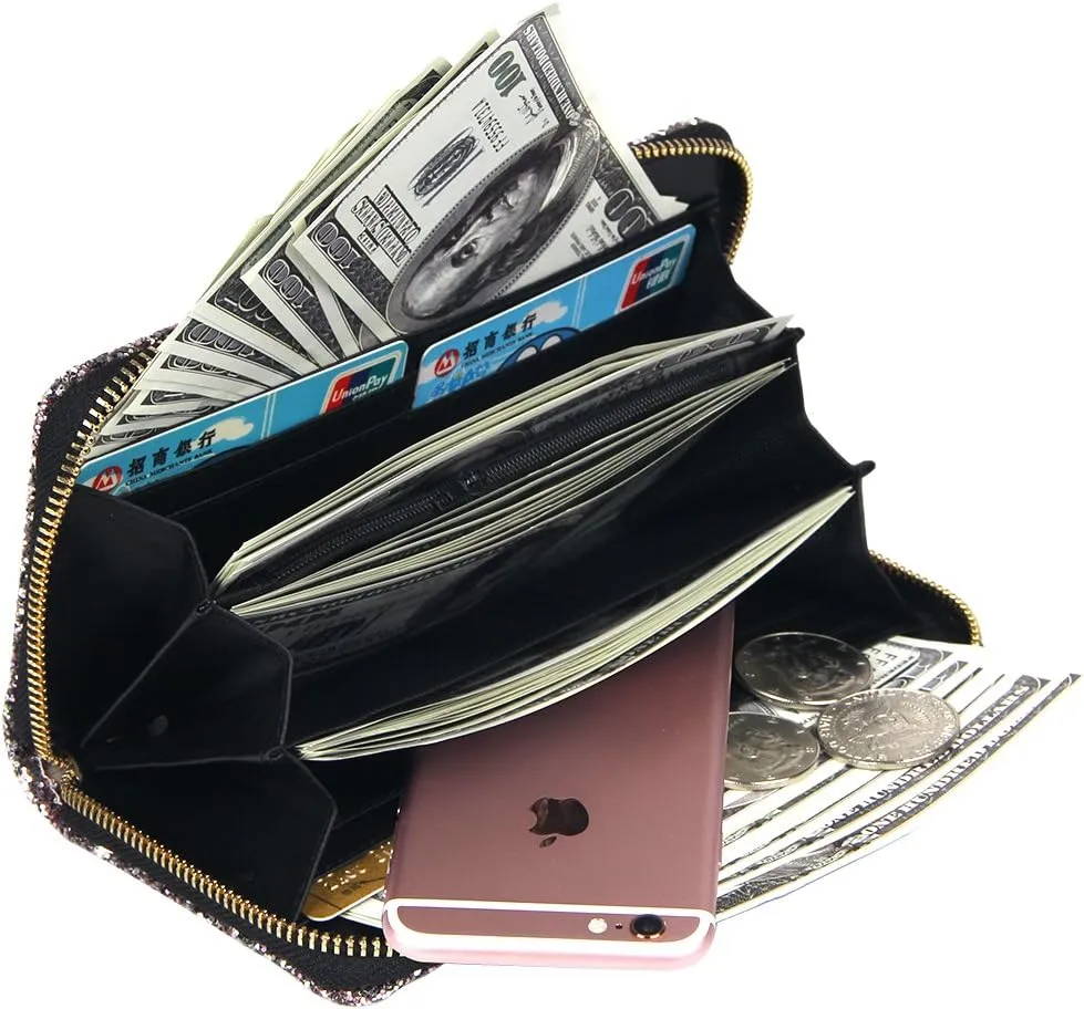 KUKOO Glitter Wallet for Women Shiny Long Phone Clutch Purse Ladies Card Holder