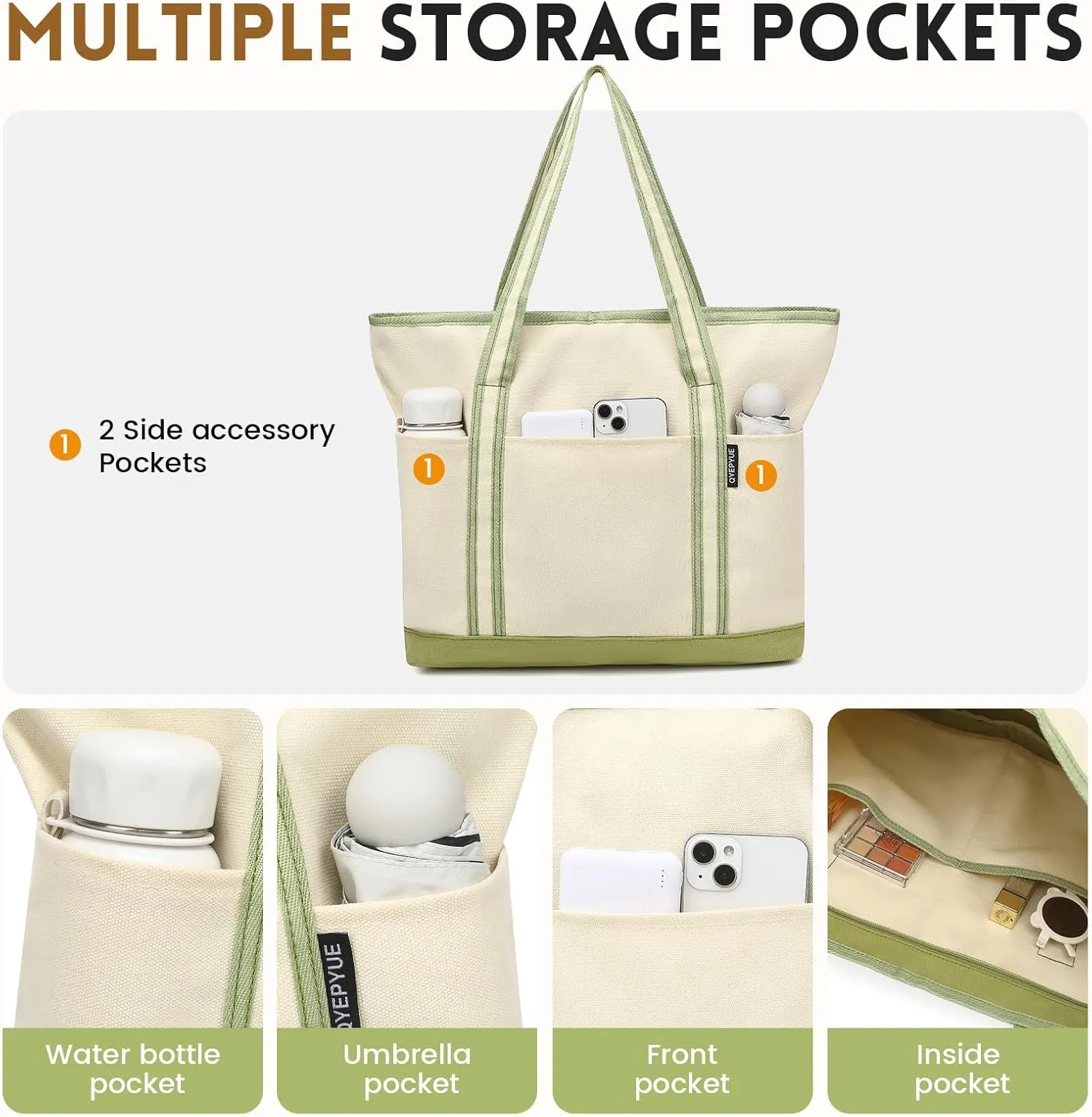 Large Canvas Tote Bag for Women, Utility Tote Bag with Zipper Closure, Everything Bag with 3 Front Pockets