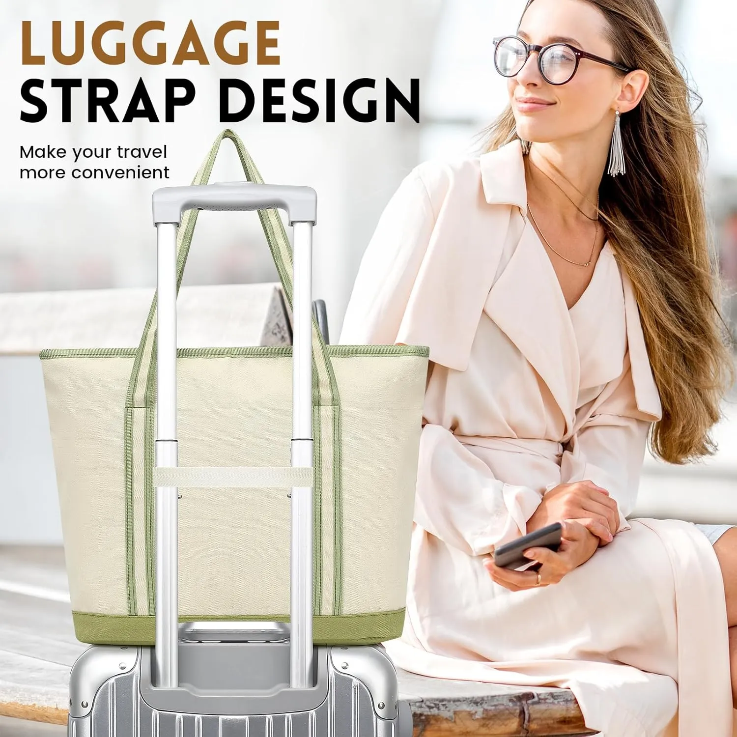 Large Canvas Tote Bag for Women, Utility Tote Bag with Zipper Closure, Everything Bag with 3 Front Pockets