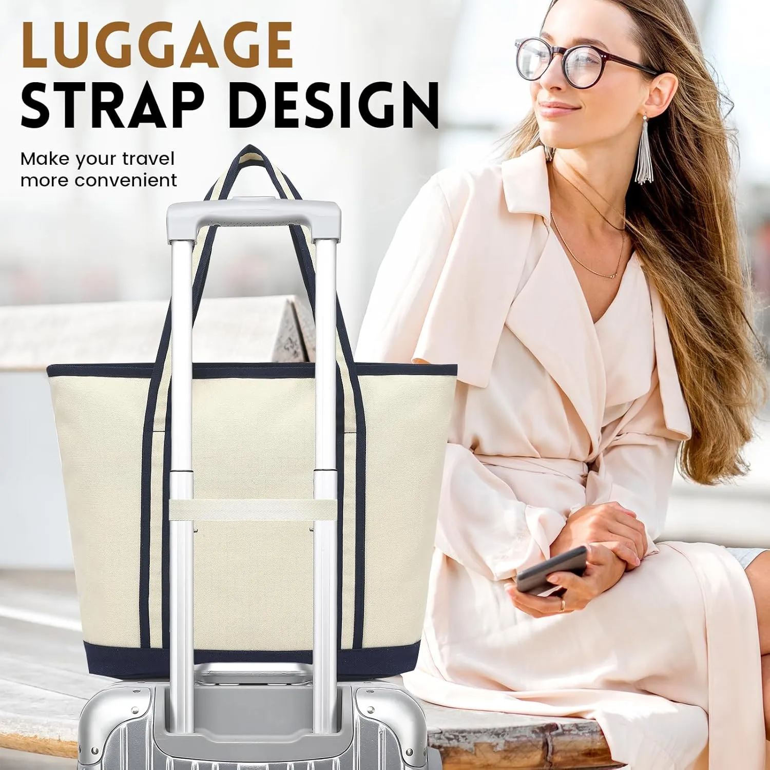 Large Canvas Tote Bag for Women, Utility Tote Bag with Zipper Closure, Everything Bag with 3 Front Pockets