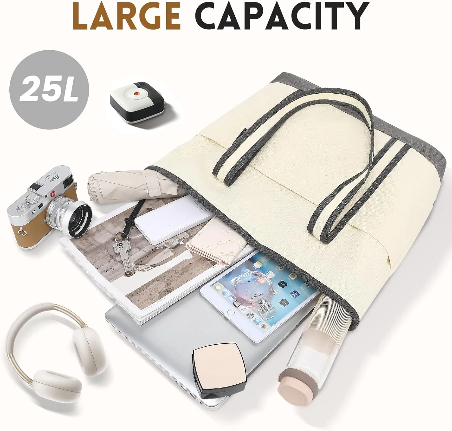 Large Canvas Tote Bag for Women, Utility Tote Bag with Zipper Closure, Everything Bag with 3 Front Pockets