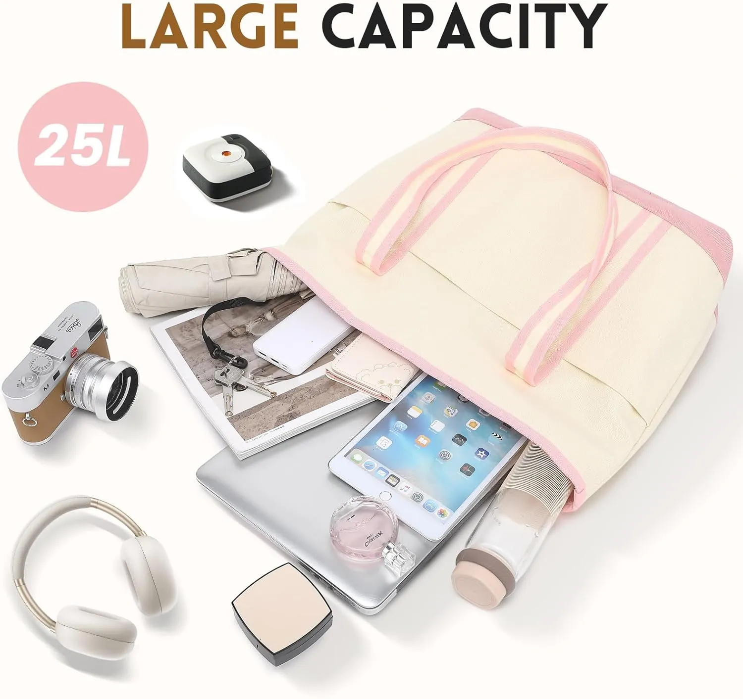 Large Canvas Tote Bag for Women, Utility Tote Bag with Zipper Closure, Everything Bag with 3 Front Pockets