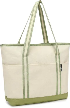 Large Canvas Tote Bag for Women, Utility Tote Bag with Zipper Closure, Everything Bag with 3 Front Pockets