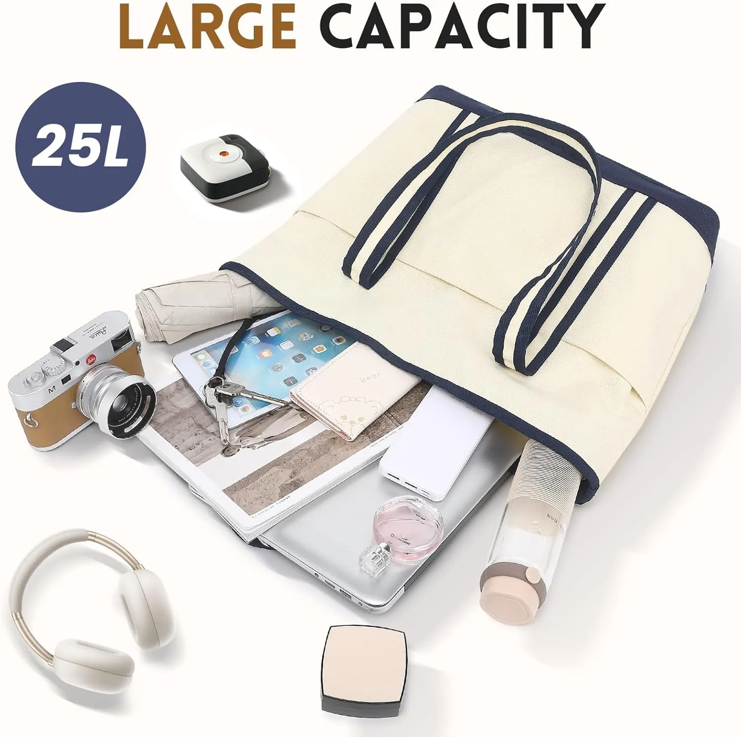 Large Canvas Tote Bag for Women, Utility Tote Bag with Zipper Closure, Everything Bag with 3 Front Pockets
